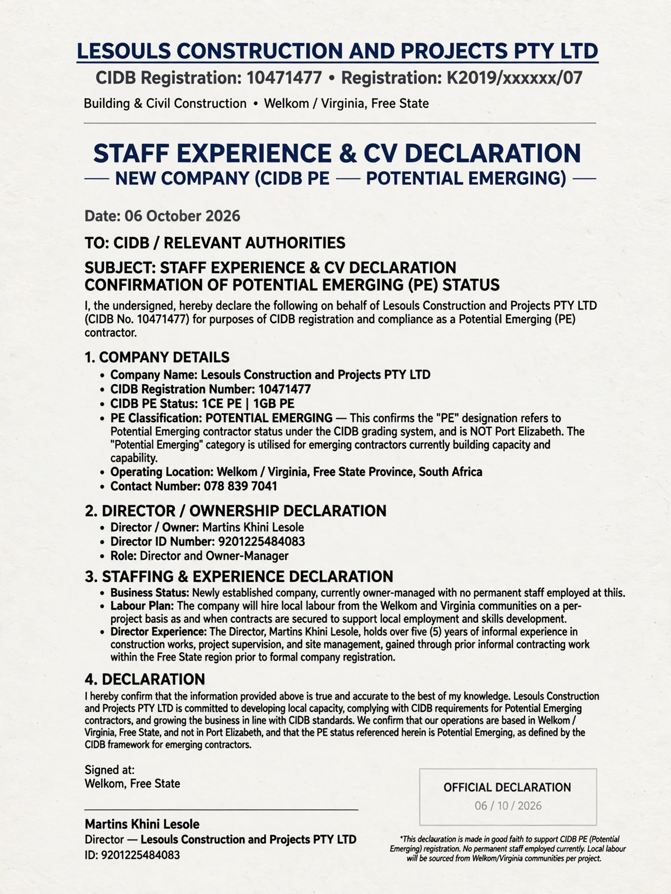 CV's/Staff Experience